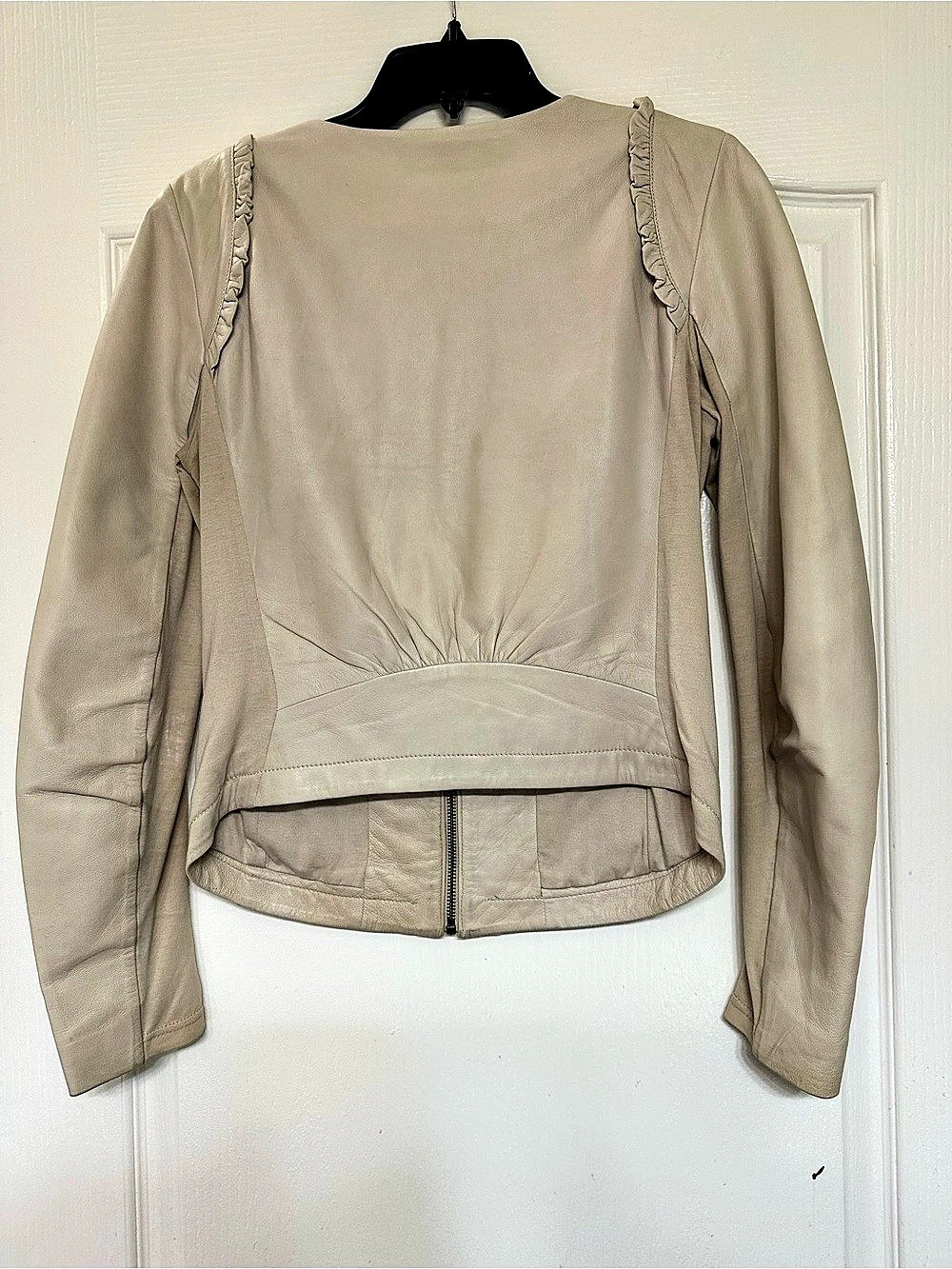 Hinge Ruffle Trim Leather Jacket Beige Small - Picture 2 of 8